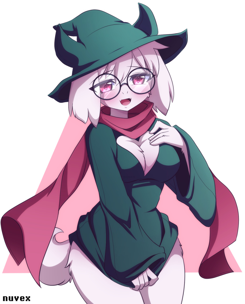 1girls anthro big_breasts blush breasts clothed clothing cute deltarune digital_media_(artwork) female female_only fur furry genderswap genderswap_(mtf) glasses hair highres huge_breasts large_breasts legs looking_at_viewer no_humans nuvex open_mouth pink_eyes ralsei ralsei_(female) ralsei_with_white_fur rule_63 simple_background smile standing tail tongue white_hair white_skin