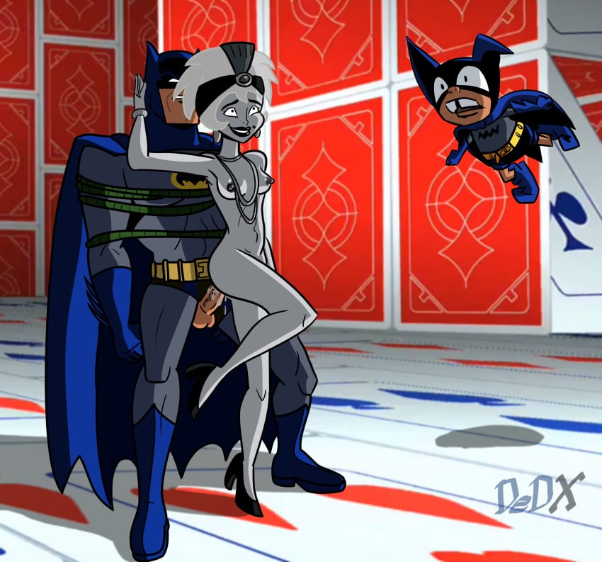 1girls 2boys batman batman:_the_brave_and_the_bold batman_(series) batmite beauty_mark breasts clothed_male_nude_female dc dc_comics dcau dedx flapper harleen_quinzel harley_quinn harley_quinn_(the_brave_and_the_bold) high_heels nipples nude_female penis sex smile tied_up vagina vaginal_penetration vaginal_sex white_hair white_skin