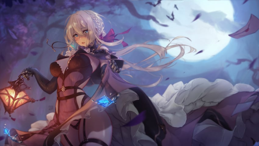 absurd_res animal bat big_breasts blonde_hair blush braids breasts clouds detailed_background dress dress_lift elbow_gloves garter_belt garter_straps gloves halloween jewelry lantern letter long_hair looking_at_viewer mitsu_art moon necklace open_mouth panties prosthetic ribbon sky thick_thighs upskirt violet_evergarden violet_evergarden_(character) watermark