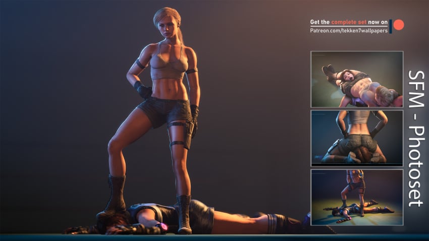 2girls 3d asphyxiation ass blonde_hair boots breasts brown_hair cassie_cage catfight choke_hold cleavage crossover facesitting female female_focus female_only femdom foot_on_head gloves hand_on_hip headscissor headscissors helpless highres holster kazama_asuka midriff mortal_kombat mortal_kombat_11 multiple_girls pinned ryona shorts tank_top tekken tekken7wallpapers tekken_7 yuri