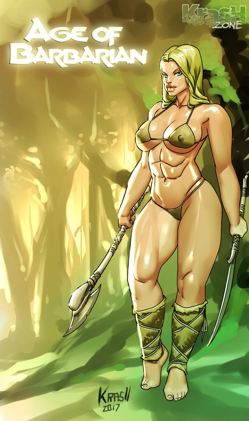 abs age_of_barbarian axe ayla barefoot big_lips bikini blonde_hair blue_eyes breasts cleavage female kras krashzone lips muscles muscular_female solo sword thong weapon