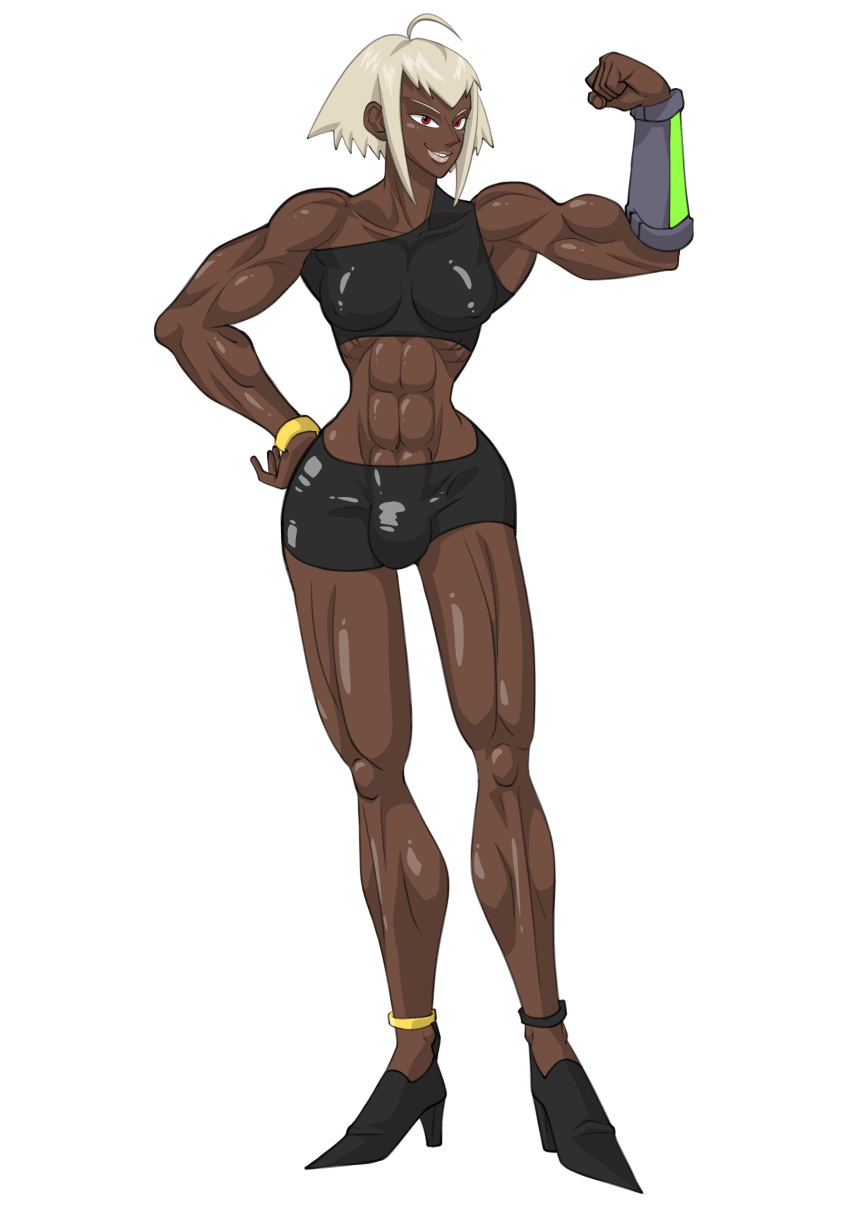 1futa 2022 big_breasts breasts bulge clothed clothing dark-skinned_futanari dark_skin flaccid flexing full_body fully_clothed futa_only futanari high_heels human jinku-chan_(nobumasa) muscular muscular_futanari nobumasa short_hair smile solo standing white_hair workout_clothes