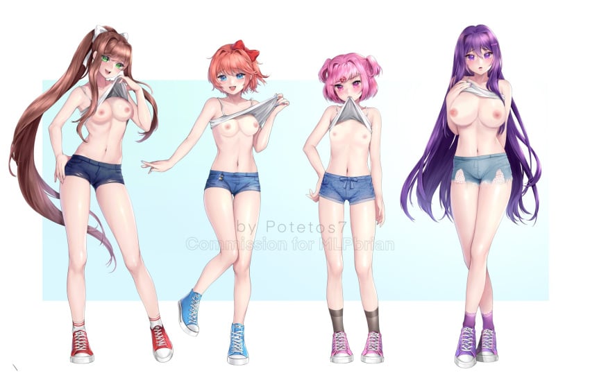 4girls areola areolae artist_name bangs bare_shoulders big_breasts black_socks blue_eyes blue_nails blue_shoes blue_shorts blue_socks blush breast_size_difference breasts brown_hair busty cleavage clothing converse crop_top curvy cute denim_shorts doki_doki_literature_club edit eyebrows_visible_through_hair eyelashes female female_focus female_only fingernails flat_chest flat_chested fully_clothed green_eyes group hair_between_eyes hair_intakes hair_ornament hair_pin hair_ribbon hair_ribbons hairbow hairclip hairpin hand_on_hip happy height_difference highres huge_breasts large_breasts lifted_by_self light-skinned_female light_skin lips long_hair long_ponytail long_sidelocks looking_at_viewer medium_breasts monika_(doki_doki_literature_club) mostly_clothed mouth_hold multiple_females multiple_girls nail_polish natsuki_(doki_doki_literature_club) navel nipples no_bra open_mouth open_smile petite pink_eyes pink_hair pink_shoes ponytail potetos7 presenting presenting_breasts purple_eyes purple_hair purple_hairclip purple_nails purple_shoes purple_socks red_bow red_hair_bow red_hair_ornament red_ribbon red_shoes red_socks ribbon ribbons sayori_(doki_doki_literature_club) sexually_suggestive shiny shiny_hair shiny_skin shirt_in_mouth shoes short_hair short_ponytail short_shorts short_twintails shorts shy sidelocks small_breasts smile smiling socks standing swept_bangs take_your_pick teeth thick_thighs thighs third-party_edit tied_hair tongue top top_lift twintails underwear very_long_hair voluptuous watermark white_background white_bow white_hair_ornament white_ribbon white_socks white_top wide_hips yuri_(doki_doki_literature_club)