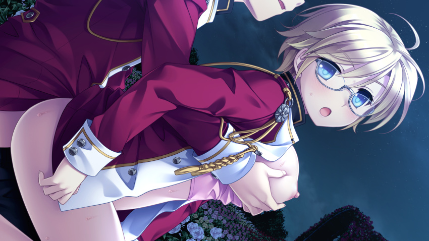 1boy blonde_hair blue_eyes blush bra bra_pull breast_grab breasts dutch_angle female field flower flower_field from_side game_cg glasses grabbing hello_lady highres imageboard_sample jpeg_artifacts katsuragi_sorako large_breasts looking_at_viewer nipples open_clothes open_mouth open_shirt saeki_hokuto sex shirt short_hair solo_focus straight sweat underwear