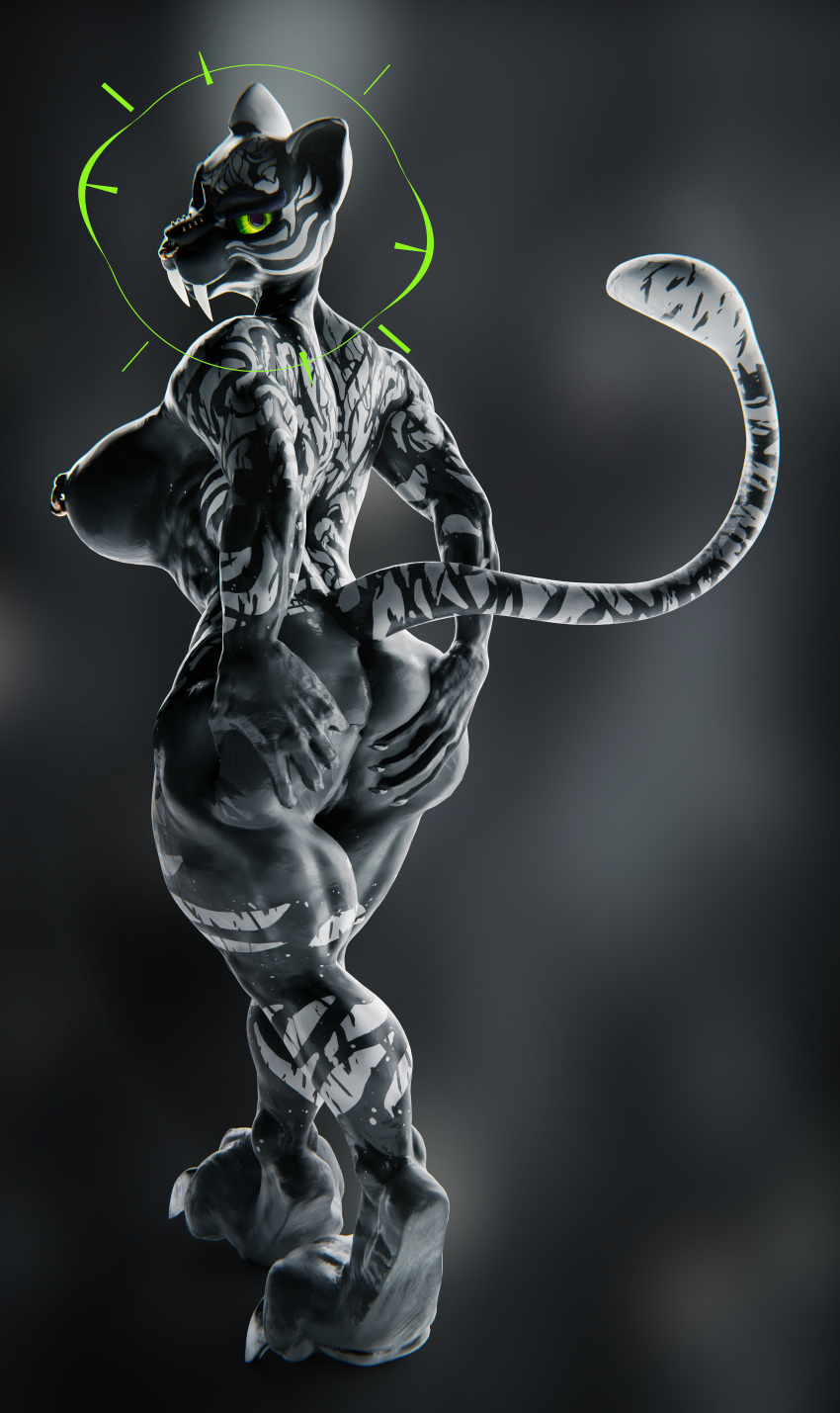 3d absurd_res anthro ass black_body breasts dark_fur facial_piercing felid feline female fur green_eyes grey_markings hi_res looking_at_viewer mammal markings meowza nipple_piercing nipples nose_piercing pantherine picti piercing solo solo_focus spread_butt spreading tiger