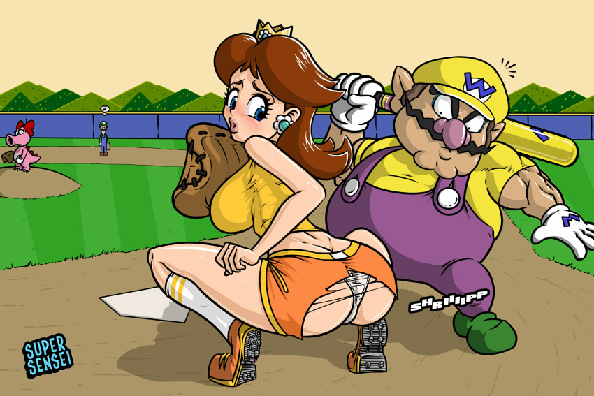 ? ass ass_cleavage baseball baseball_bat big_breasts birdo breasts butt_crack embarrassed_underwear_female euf female luigi mario_(series) mario_super_sluggers nintendo princess_daisy ripped_clothing supersensei wario