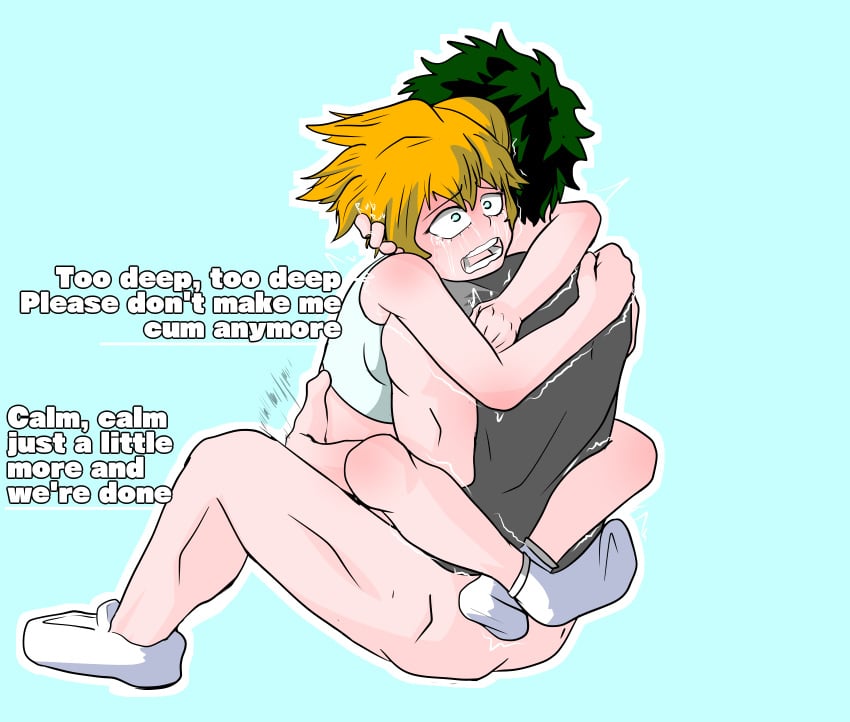 1boy 1girls ankle_socks anklehighs arms_around_neck big_penis blue_eyes bottomless cowgirl_position cry crying cumming faceless_male female green_hair hand_on_back hand_on_head hug huge_cock hugging itsuka_kendou izuku_midoriya kendou_itsuka leg_lock legs_behind_back light-skinned_female light-skinned_male light_skin lotus_position male male/female midoriya_izuku my_hero_academia orange_hair orgasm overstimulation partially_clothed sex side_ponytail sitting_on_penis socks tears text trembling wellllll white_socks