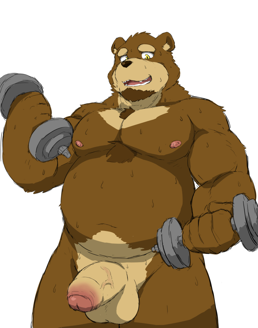 2020 absurd_res anthro balls bara belly bodily_fluids brown_body brown_fur exercise fur genitals hi_res humanoid_genitalia humanoid_hands humanoid_penis kemono male male_only mammal moobs navel nipples overweight overweight_male penis reddo12340 simple_background solo sweat ursid white_background workout