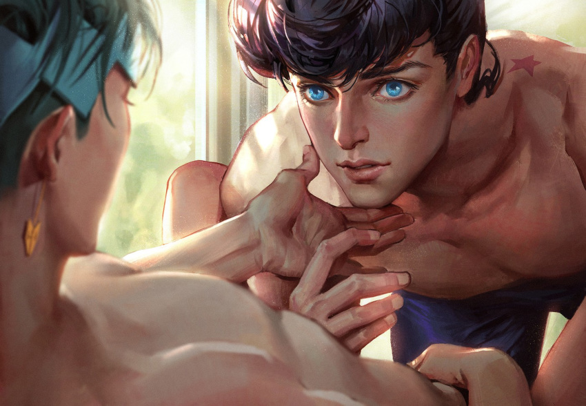 2020 2boys age_difference birthmark black_hair blue_eyes cdash817 diamond_is_unbreakable earrings eye_contact green_hair hair_ornament hand_between_legs hand_on_another's_chin hand_on_chin highres indoors joestar_birthmark jojo's_bizarre_adventure josuke_higashikata looking_at_each_other male male_only multiple_boys pants pompadour rohan_kishibe spread_legs star topless yaoi