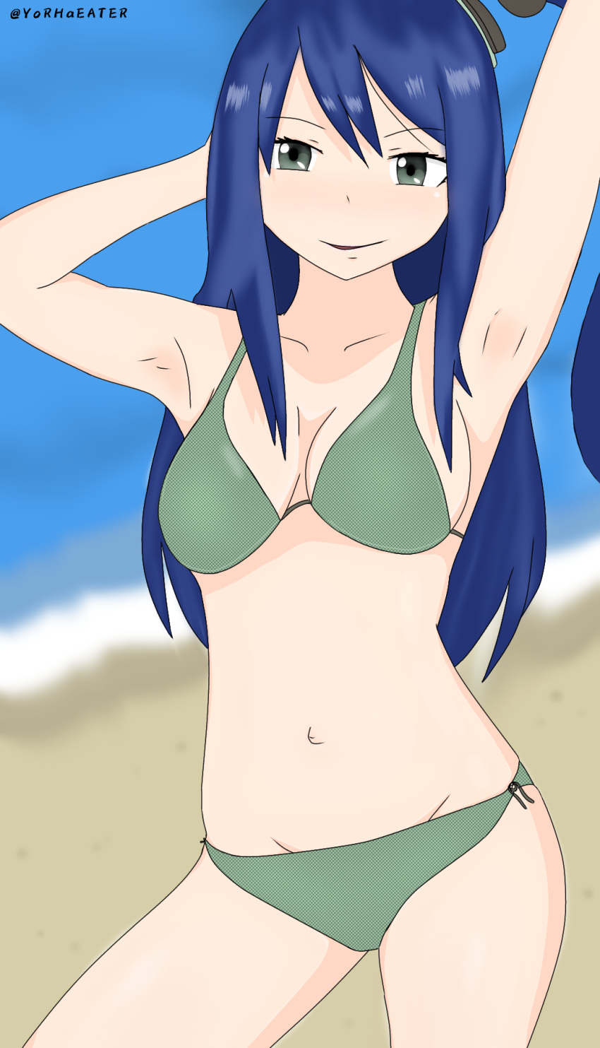 1girls armpits beach bikini blue_hair edens_zero green_eyes labilia_christy smile solo stomach swimsuit yorhaeater