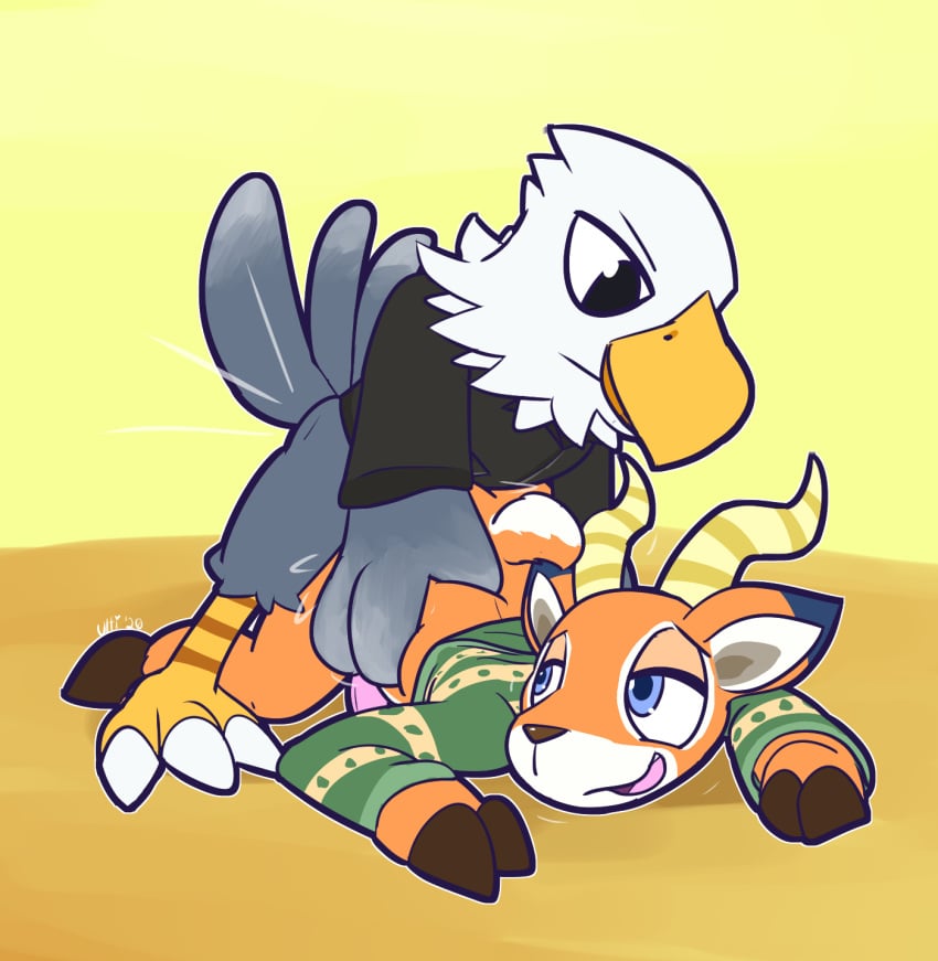 2020 2_fingers 3_fingers 3_toes accipitrid accipitriform anal anal_sex animal_crossing anthro anthro_on_anthro anthro_penetrated anthro_penetrating anthro_penetrating_anthro apollo_(animal_crossing) ass_up avian beau_(animal_crossing) bird bird_feet black_eyes blue_body blue_eyes blue_fur bottomless brown_nose cervid clothed clothing duo eagle feathers fingers from_behind_position fur gay genitals green_clothing green_topwear grey_body grey_feathers hi_res hooves horn interspecies jockey_position looking_back looking_down looking_up male male/male male_penetrated male_penetrating male_penetrating_male mammal motion_lines nintendo on_ground open_mouth orange_body orange_fur pattern_clothing pattern_topwear penetration penis pink_penis sex side_grab simple_background striped_clothing striped_horn striped_topwear stripes sweater tan_body tan_fur toes topwear ultilix video_games white_body white_feathers yellow_background yellow_body yellow_feathers yellow_horn