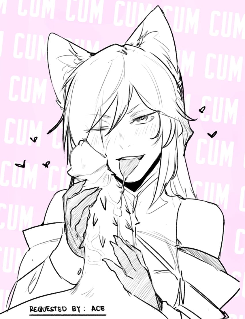 1boy after_fellatio after_oral ahri animal_ears barbed_penis bare_shoulders blush english_text eyebrows_visible_through_hair female hair_between_eyes heart heart-shaped_pupils highres large_penis league_of_legends less long_hair looking_at_viewer monochrome one_eye_closed original penis pink_background pov precum simple_background smile symbol-shaped_pupils tongue tongue_out upper_teeth