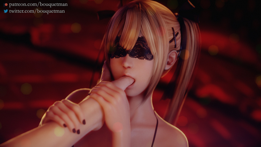 1boy 1boy1girl 1girls 3d 3d_(artwork) blindfold blonde_hair bondage bouquetman bra dead_or_alive dead_or_alive_6 eyes female finger_in_mouth finger_sucking holding_arm leotard marie_rose medium_breasts night_dress panties pov thumb_sucking twintails