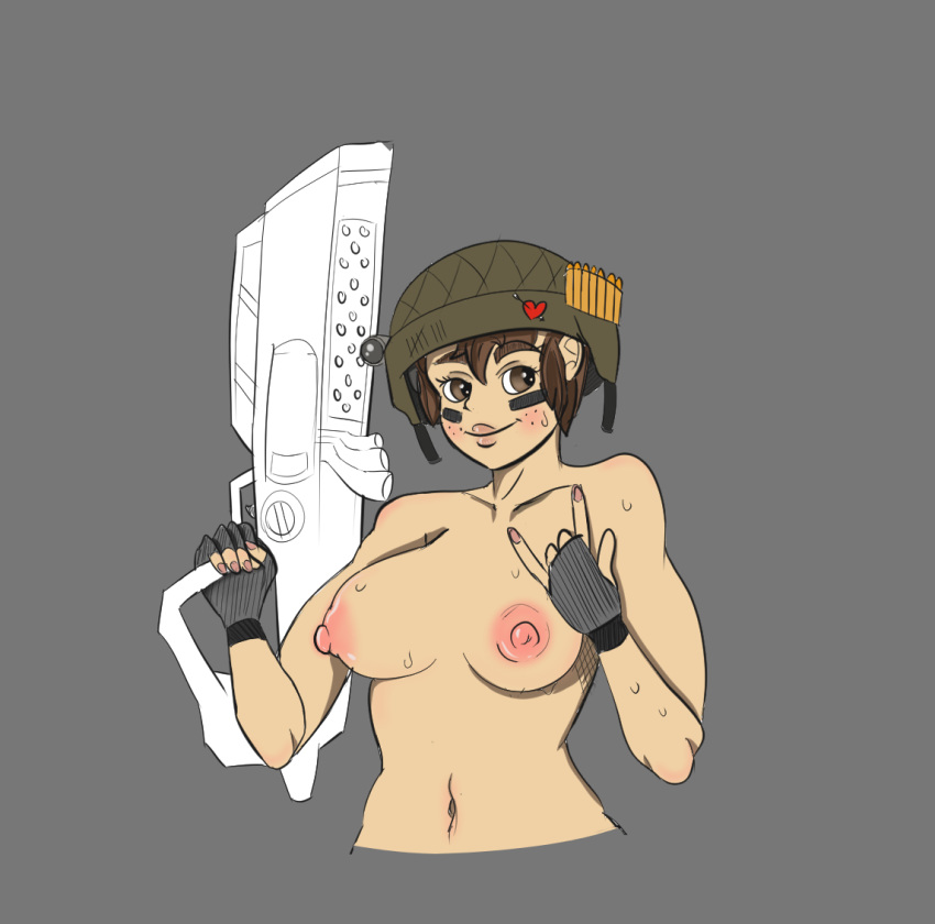 1girls areolae blush borderlands borderlands_3 breasts brown_eyes brown_hair female female_only fingerless_gloves gearbox_software gun helmet holding_weapon moze_(borderlands) navel nipples rifle simple_background sweat syrupitous topless video_games war_paint weapon