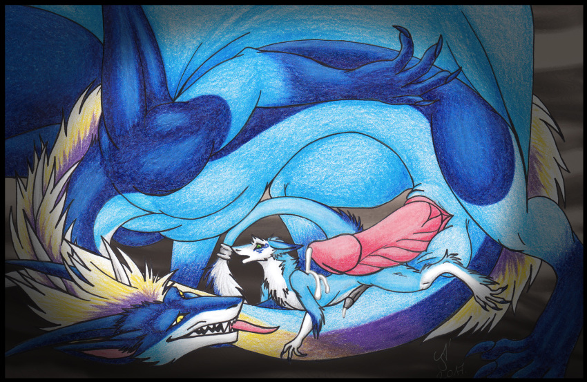 anal doggy_(disambiguation) dragon feral halley hi_res male male/male raining sergal sevastyan size_difference teryx teryx_commodore traditional_media_(artwork)