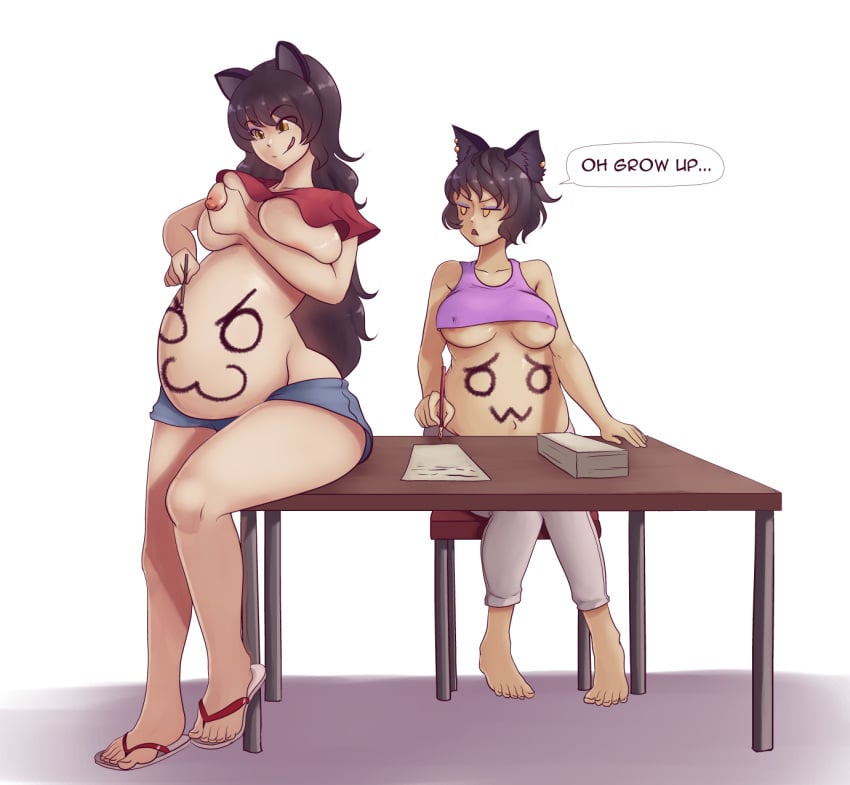 2girls barefoot blake_belladonna body_writing daughter_is_bigger desk feet flip_flops huge_belly kali_belladonna mother_and_daughter nipples open_toe_shoes pokies pregnant ready_to_pop req rwby sandals white_background