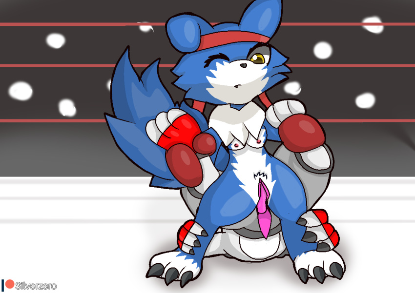 1boy 1girls accessory anthro blue_body bodily_fluids boxing_gloves breasts canid canine claws clothed clothing digimon digimon_(species) diphallia diphallism duo erection female female_penetrated fighting_ring fingerless_gloves fur gaomon genderswap genital_fluids genitals gloves hair handwear headband kobold male male_penetrating male_penetrating_female mammal multi_genitalia multi_penis nipples nude penetration penis pussy reptile scalie sex straight toeless_footwear toes trejo_the_zoroark vaginal_penetration wrestling