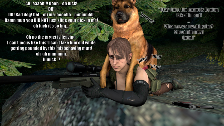 1girls 3d bikini canine canine_penis clothed_sex comic dd deep_penetration dialogue dog domestic_dog english_text feline female female_human/male_feral female_on_feral forest from_behind german_shepherd interspecies laying_down looking_pleasured metal_gear_solid moaning moaning_in_pleasure mounting narration penis prone_bone quiet_(metal_gear) sex sniper source_filmmaker story surprise_sex surprised text text_focus theduudeman vaginal_penetration zoophilia