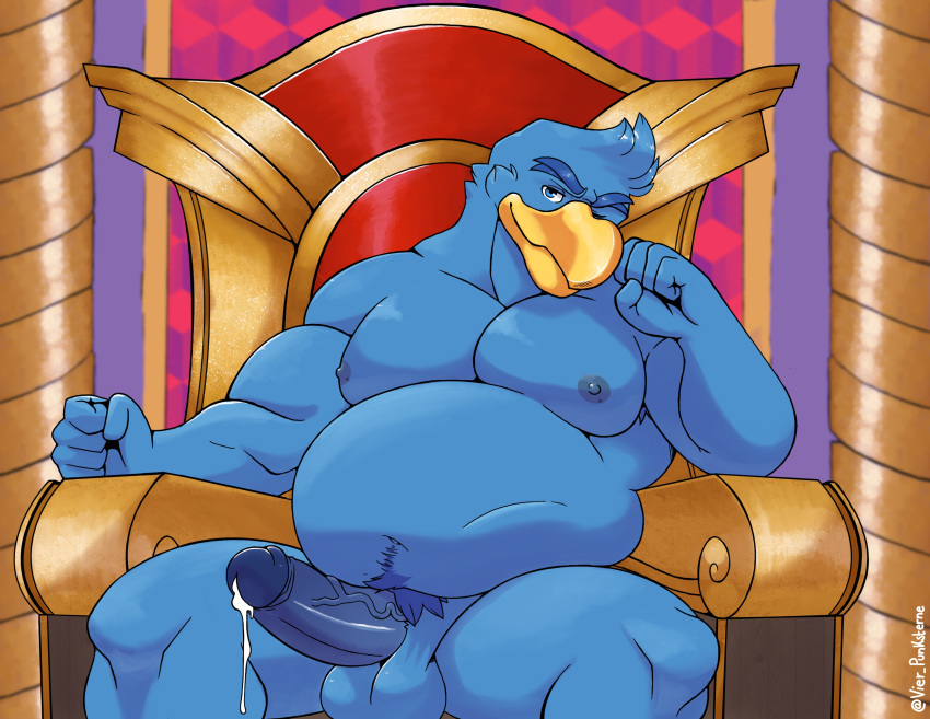 1boy 2020 absurd_res anthro avian balls bird blue_balls blue_body blue_feathers blue_nipples blue_penis bodily_fluids chair clenched_hands cum feathers furniture gay genital_fluids genitals head_on_hand hi_res king_dedede kirby_(series) looking_at_viewer male male_only nintendo nipples nude one_eye_closed overweight overweight_male penguin penis sitting smile solo throne video_games vier_punksterne wink