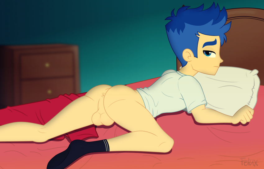 ass balls bed equestria_girls felux flash_sentry_(eg) gay hasbro humanized laying_on_bed male_only my_little_pony solo solo_male straight