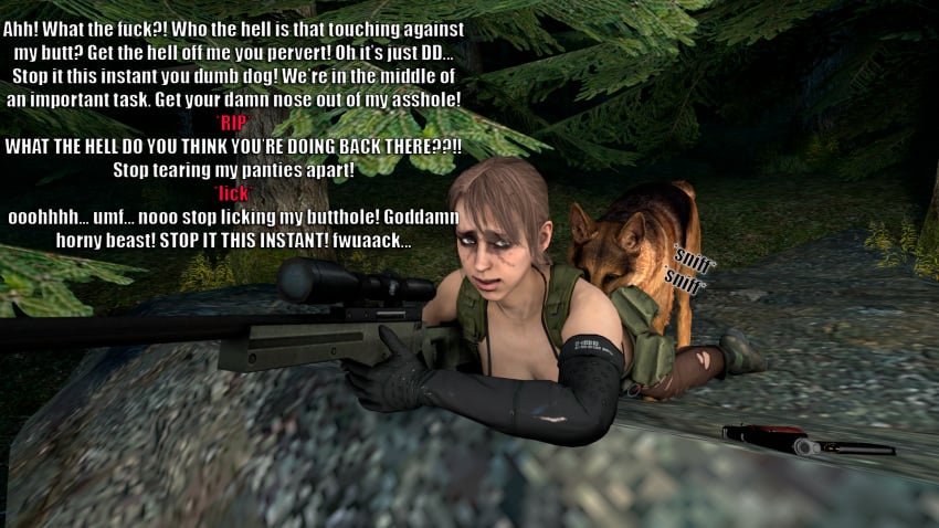1girls 3d analingus ass_sniffing bikini butt_sniffing canine comic cunnilingus cunnilingus_through_clothes dd dialogue english_text feline female forest from_behind interspecies laying_down licking metal_gear_solid narration quiet_(metal_gear) rimming sniffing sniper source_filmmaker story surprised text text_focus theduudeman torn_clothes zoophilia