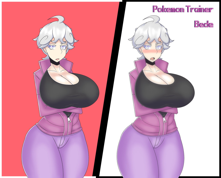 bede_(pokemon) beet_(pokemon) blue_eyes blush blushing curvy duskyer female human large_breasts nintendo pokemon pokemon_ss rule_63 short_hair tsundere