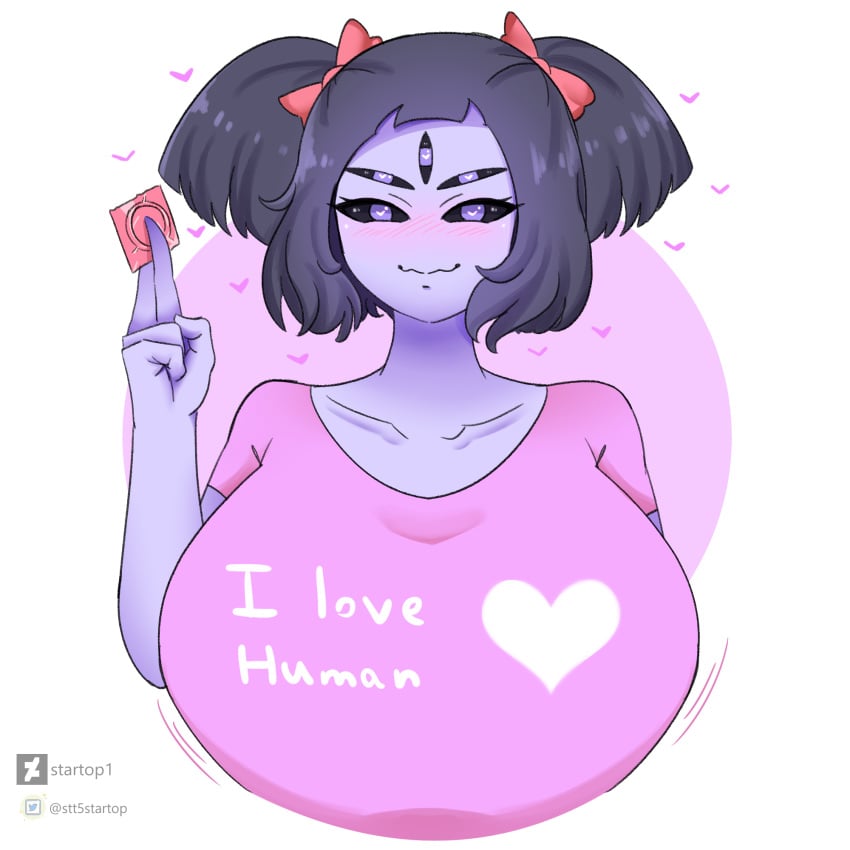 5_eyes big_breasts bob_cut breasts condom female female_only heart heart-shaped_pupils large_breasts mammal muffet purple_skin smiling solo spider startop twintails undertale watermark