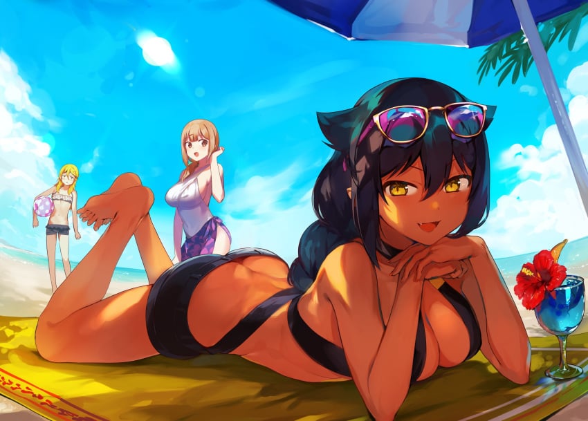 3girls alcohol animal_ears barefoot beach beverage black_hair cute_fang dark-skinned_female dark_skin drink feet feet_up female female_only hotpants human_female jahy jahy_sama_wa_kujikenai! konbu_wakame ocean public seaside smile sunglasses sunglasses_on_head yellow_eyes