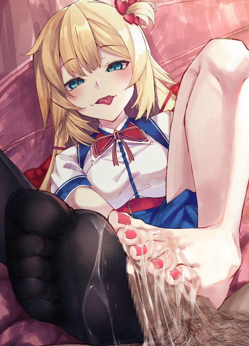 1girls akai_haato bangs barefoot blonde_hair blue_eyes breasts cum cum_on_body cum_on_clothes cum_on_feet cum_on_lower_body feet female footjob fringe highres hololive hololive_gen_1 hololive_japan large_breasts long_hair looking_at_viewer looking_down nail_polish naughty_face open_mouth pov school_uniform schoolgirl skirt smile suushiki teenager tongue tongue_out virtual_youtuber