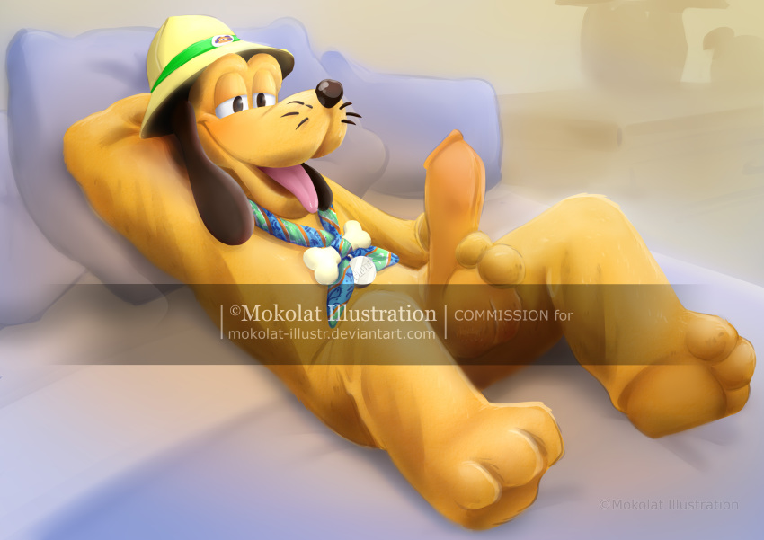 absurd_res armor balls bedroom_eyes bone canid canine canis clothing costume disney disney_parks domestic_dog fur fursuit genitals headgear helmet hi_res male male_only mammal mascot masturbation mokolat narrowed_eyes paws penis pith_helmet pluto seductive solo testicles