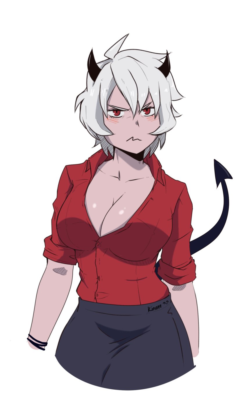 ahoge angry annoyed antenna_hair artist_name black_skirt black_tail blush breasts cleavage collarbone cowboy_shot cropped_legs demon_girl demon_horns demon_tail devil_horns female helltaker highres horns kinaee large_breasts light_blush looking_at_viewer malina_(helltaker) nipples pencil_skirt pout pouting red_eyes red_shirt ringed_eyes shirt short_hair short_horns short_sleeves silver_hair skirt sleeves_rolled_up small_horns solo spade_tail tail tomboy transparent_background unbuttoned_shirt wavy_mouth white_background white_hair