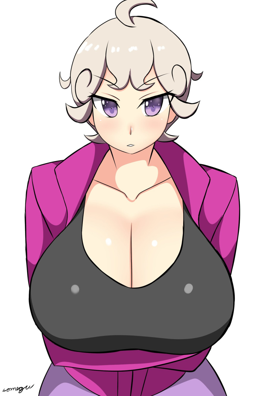 arms_folded bede_(pokemon) beet_(pokemon) female human large_breasts nintendo pokemon pokemon_ss purple_eyes rule_63 short_hair somegu tsundere