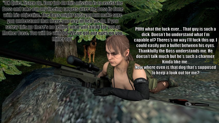 1girls 3d bikini canine comic dd dialogue english_text feline female forest interspecies laying_down metal_gear_solid narration quiet_(metal_gear) sniper source_filmmaker story text text_focus theduudeman zoophilia