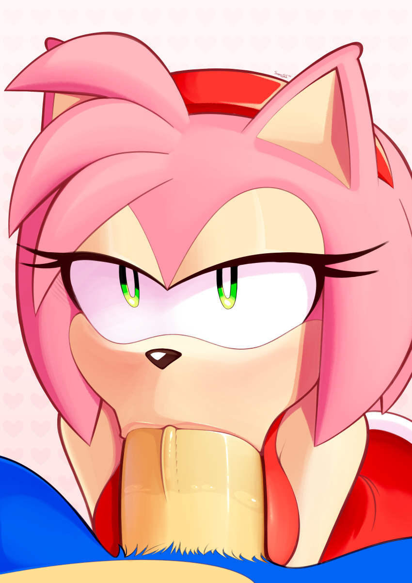 :>= absurd_res accessory aged_up alternate_breast_size amy_rose anthro artist_signature blowjob blush bodily_fluids breasts clothed clothing deep_blowjob deepthroat_mark dress duo eulipotyphlan eyelashes eyes_half_open eyes_open fellatio female first_person_view green_eyes hair_accessory hairband half-closed_eyes heart hedgehog hi_res huge_cock looking_at_viewer male male_pov mammal narrowed_eyes oral pattern_background pink_body saliva signature simple_background solo_focus sonic_(series) sonic_the_hedgehog sonic_the_hedgehog_(series) spread_legs spreading straight supersegasonicss unseen_male_face