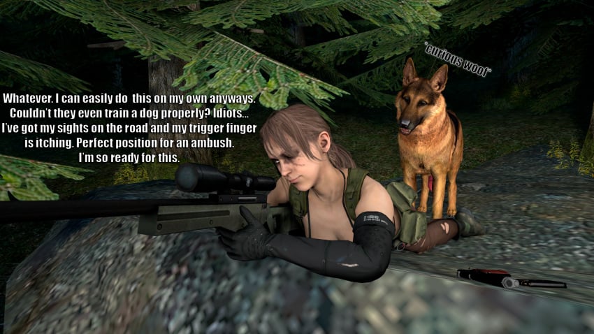 1girls 3d bikini canine comic dd dialogue english_text feline female forest imminent_oral interspecies laying_down metal_gear_solid narration quiet_(metal_gear) sniper source_filmmaker story text text_focus theduudeman zoophilia