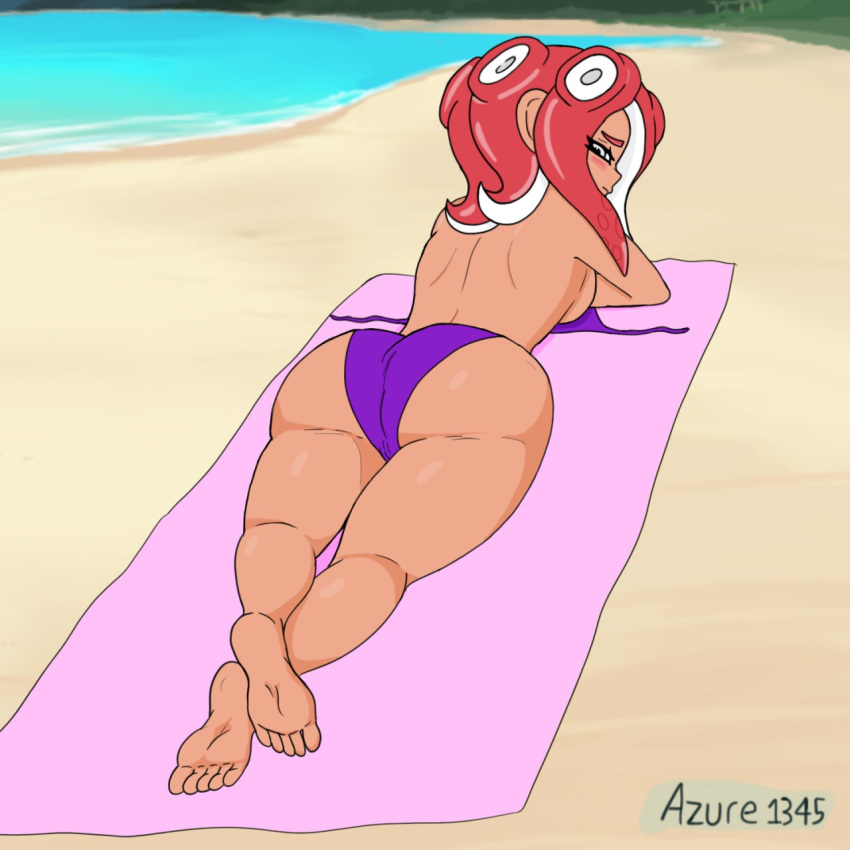 1girls agent_8_(splatoon) azurestar barefoot beach big_ass bikini bikini_top_removed blush bubble_butt dark_skin feet feet_together female female_only half_naked humanoid nintendo octoling octopus red_hair sideboob soles splatoon splatoon_2 sunbathing thick_thighs thighs topless untied_bikini