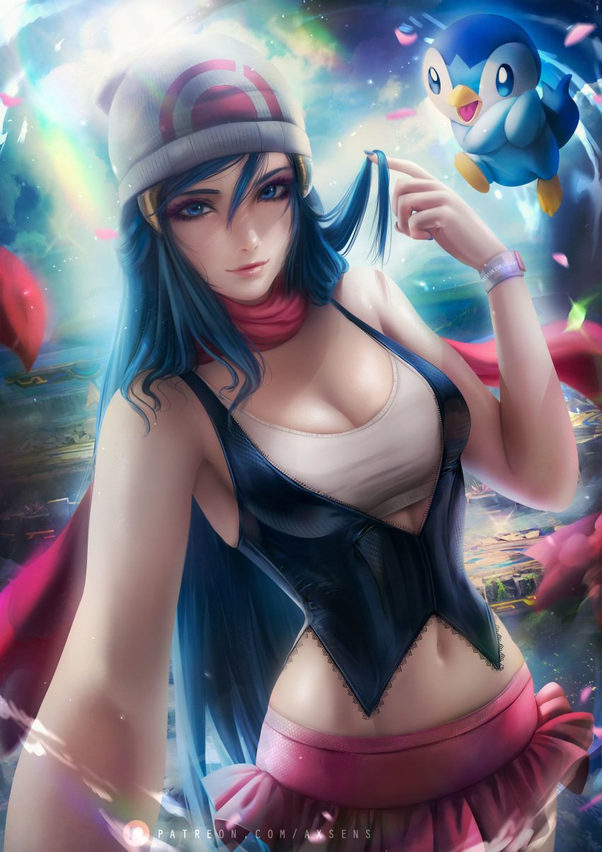 axsens beanie_hat blue_eyes blue_hair breasts cleavage dawn_(pokemon) human large_breasts looking_at_viewer midriff nintendo piplup pokemon pokemon_(species) pokemon_dppt scarf selfie_pose