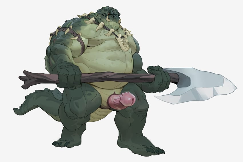 2020 4_fingers 4_toes absurd_res animal_genitalia anthro big_weapon crocodile crocodilian crocodylid digital_media_(artwork) erection exoticd14 fingers genital_slit genitals glans green_body hi_res holding_axe holding_object holding_weapon male male_only melee_weapon musclegut nude overweight overweight_male penis red_eyes reptile scales scalie sharp_teeth simple_background slit solo standing teeth toes tusks weapon white_background