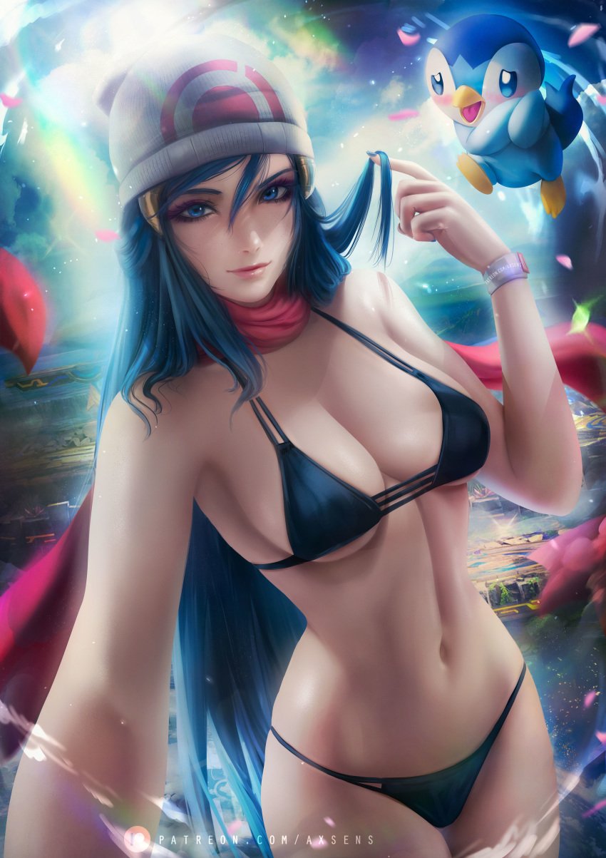 axsens beanie_hat bikini blue_eyes blue_hair breasts dawn_(pokemon) human large_breasts looking_at_viewer midriff nintendo piplup pokemon pokemon_(species) pokemon_dppt scarf selfie_pose