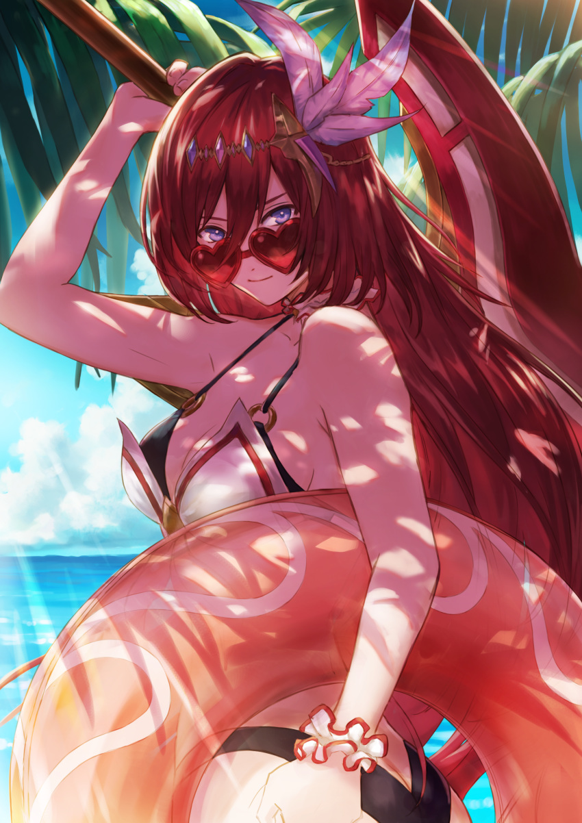 1girls absurdres alexiel bangs bare_shoulders bikini bikini_bottom bikini_top blue_eyes breasts cleavage female female_focus female_only granblue_fantasy hair_between_eyes hair_ornament highres holding holding_sword holding_weapon innertube long_hair looking_at_viewer looking_over_eyewear looking_over_glasses outdoors palm_tree plant red-tinted_eyewear red-tinted_glasses red_hair saku_(sakudeji) sky solo sunglasses sunlight swimsuit sword tinted_eyewear tree very_long_hair water weapon