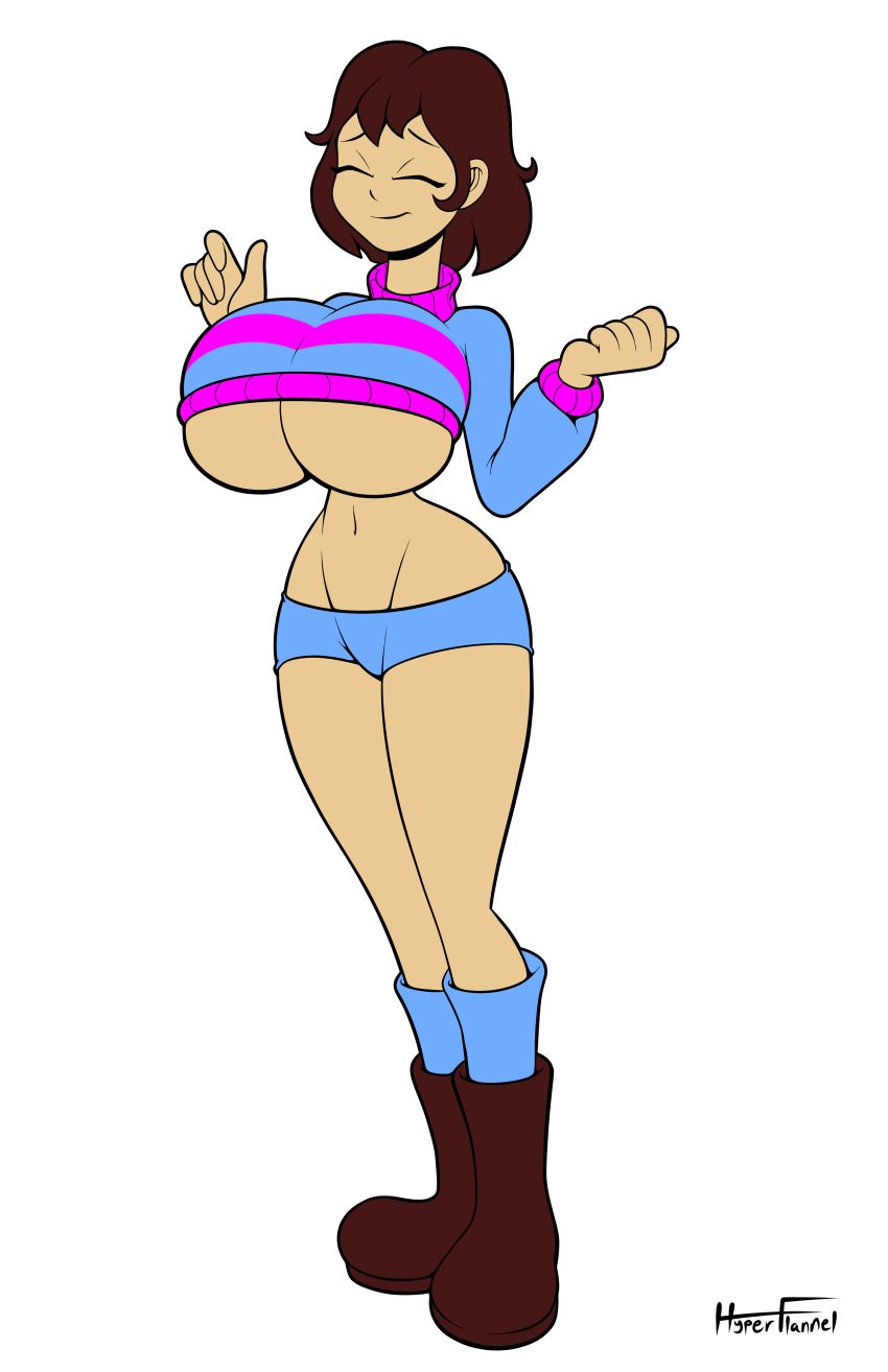 1girls 2d aged_up closed_eyes curvy female female_only frisk hourglass_figure huge_breasts human human_female human_only hyperflannel midriff solo tagme thick_thighs underboob undertale undertale_(series) wardrobe_malfunction wide_hips