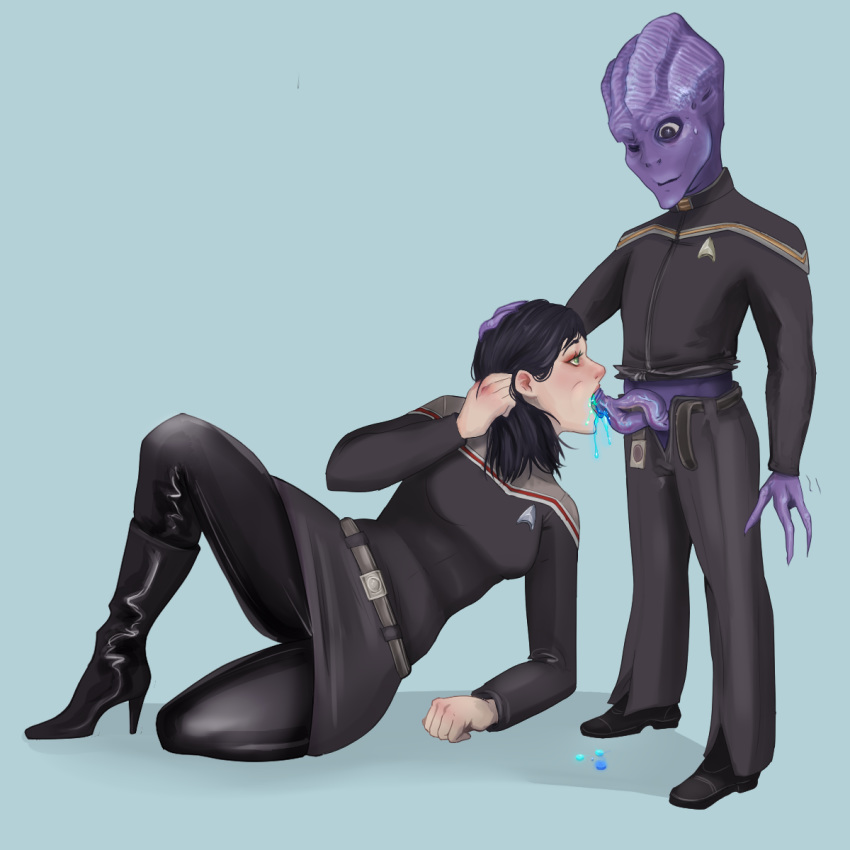 1girls alien alien_genitalia alien_penis blowjob boots combadge cum cum_in_mouth fellatio female heels kraujas penis short_hair star_trek starfleet_insignia starfleet_uniform straight sucking tentacle