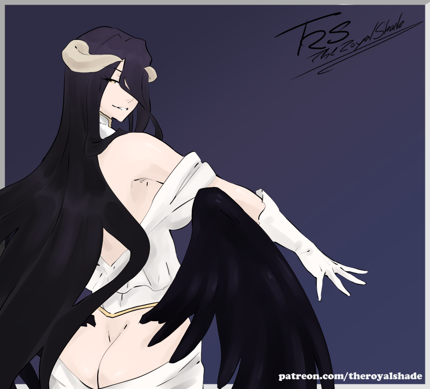 1girls albedo_(overlord) armpit bare_ass black_hair black_wings clothing exposed_ass female female_only horns long_hair looking_at_viewer looking_back moonshades_(artist) overlord_(maruyama) purple_background simple_background smile succubus wings yellow_eyes