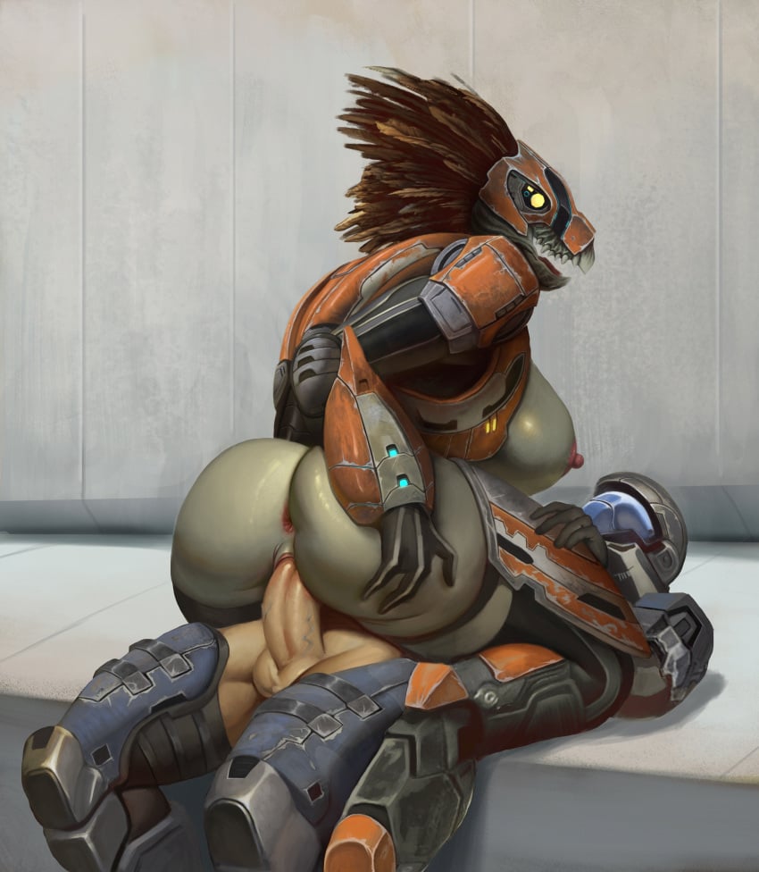 absurd_res alien alien_girl anthro anus armor balls breasts brown_hair butt clitoris cowgirl_position da_polar_inc detailed_background duo fangs female female_kig-yar female_on_top female_penetrated genitals grey_body hair halo_(series) headgear helmet hi_res human human_penetrating interspecies kig-yar light-skinned_male lying male male_human/female_alien male_human/female_anthro male_penetrating mammal microsoft muscular_female nipples odst on_top open_mouth penetration penis pussy scalie sex skirmisher ssocrates straight t'vaoan thick_thighs vaginal vaginal_penetration vein veiny_penis video_games xbox_game_studios