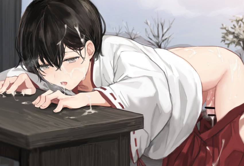 1boy after_sex bar_censor black_hair censored commentary_request crossdressing cum cum_in_mouth cum_on_body cum_on_clothes cum_on_hair cum_on_lower_body cum_on_penis cum_on_upper_body facial femboy geki grey_eyes hakama japanese_clothes leaning_on_object male_only miko original outdoors shrine_maiden sunaba_(nczd5875) trap tree