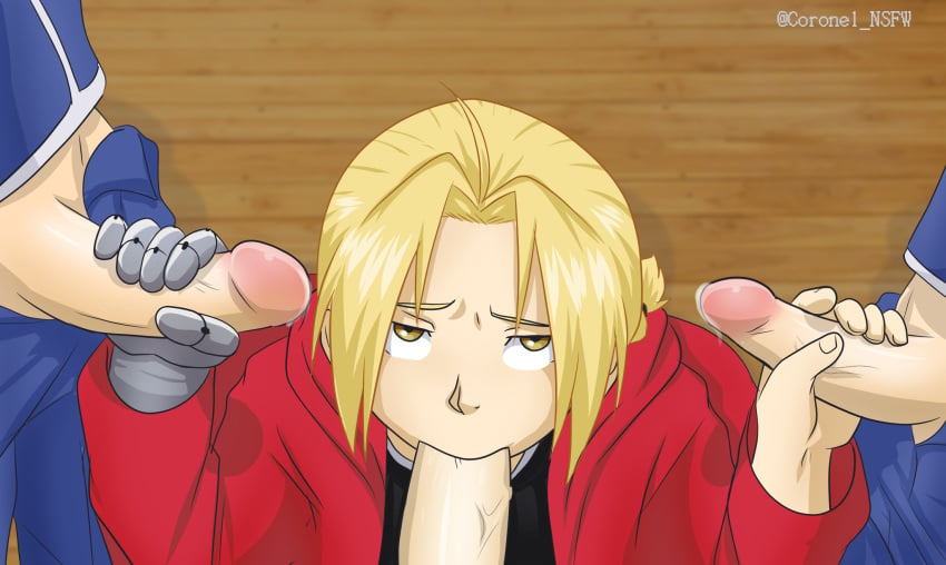 3boys blowjob coronel_disco edward_elric fellatio femboy fullmetal_alchemist gay holding_penis male_only metal_arm multiple_penises penis precum sucking tagme veiny_penis watermark yaoi