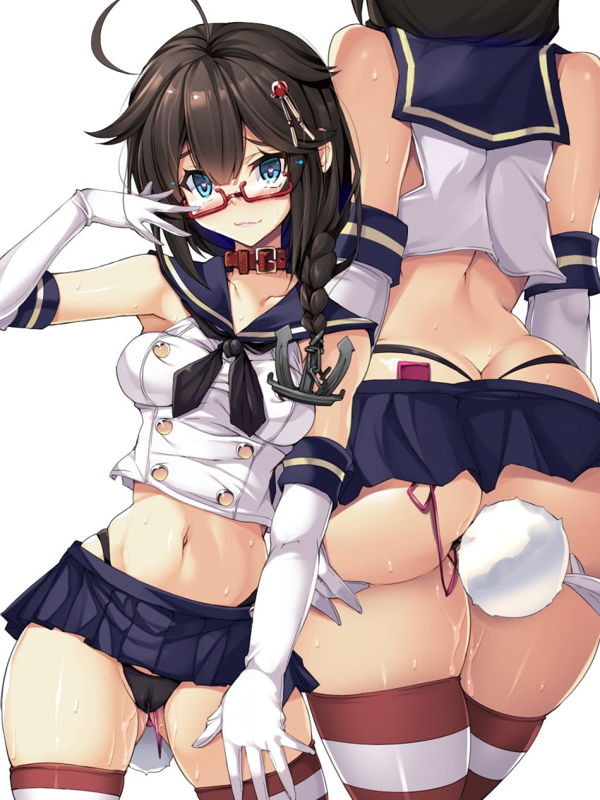 :3 anal_insertion anchor_hair_ornament ass ass_cleavage black_neckwear blue_eyes braid breasts brown_hair butt_crack collar cosplay elbow_gloves eyewear fake_tail female glasses gloves hair_ornament heart heart-shaped_pupils highres insertion kantai_collection long_hair looking_at_viewer microskirt navel neckerchief pussy_juice red-framed_glasses remodel_(kantai_collection) school_uniform serafuku sex_toy shigure_(kantai_collection) shimakaze_(kantai_collection)_(cosplay) skirt smile striped striped_legwear sweat thighhighs thong thong_above_skirt torisan vaginal_insertion vibrator vibrator_under_clothes white_gloves