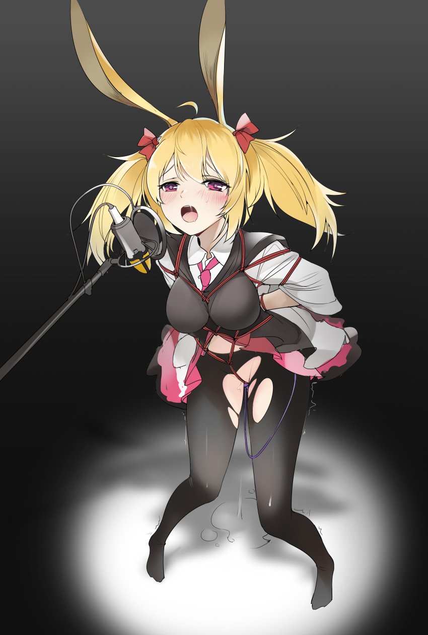 absurdres animal_ears arknights arms_behind_back black_background black_legwear blonde_hair blush bondage bow breasts bunny_ears clothing female frilled_skirt frills hair_ribbon hairbow half-closed_eyes highres medium_breasts microphone necktie object_insertion open_mouth pantyhose pop_filter pussy_juice pussy_juice_puddle red_bow red_neckwear red_ribbon red_skirt ribbon saliva shibari_over_clothes shinnasuka025 skirt solo sora_(arknights) spotlight sweat torn_clothes torn_legwear twintails vaginal_object_insertion vaginal_penetration vibrator vibrator_cord