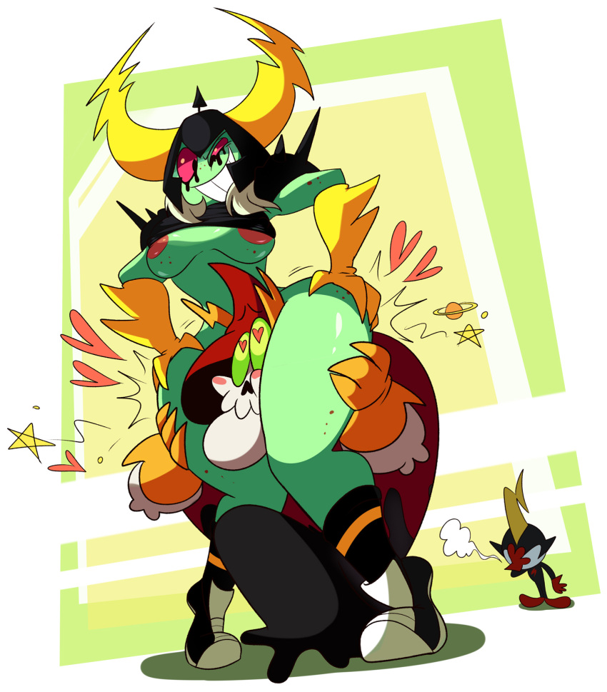 blush breasts commander_peepers disney facepalm female footwear green_skin hands_on_hips head_between_thighs heart heart-shaped_pupils helmet lewdloaf lord_dominator male nipple_slip nipples pink_sclera smile thick_thighs wander_over_yonder wide_hips