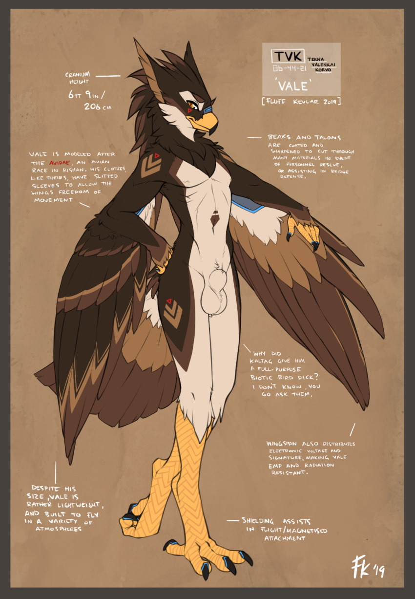 2019 4_toes android animal_genitalia anisodactyl anthro avian balls beak big_ears border brown_background brown_body brown_feathers feathers fluff-kevlar fur furry genitals hi_res looking_at_viewer machine male male_only mane markings nude orange_border robot sheath skinny solo tall talons tan_body tan_fur toes vale_(fluff-kevlar) wings yellow_eyes